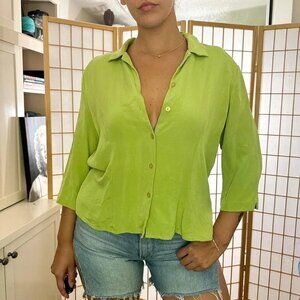 Women Silky Lime Green Button-up Blouse